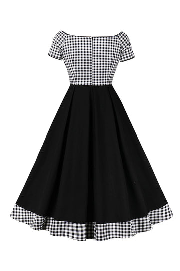 Vestido vintage negro a cuadros fuera del hombro con mangas cortas